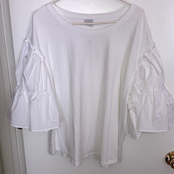 Chico's Size 4, XXL, Knit Woven Tier Alabaster Blouse, Wide ruffle bell sleeves - Picture 5 of 12